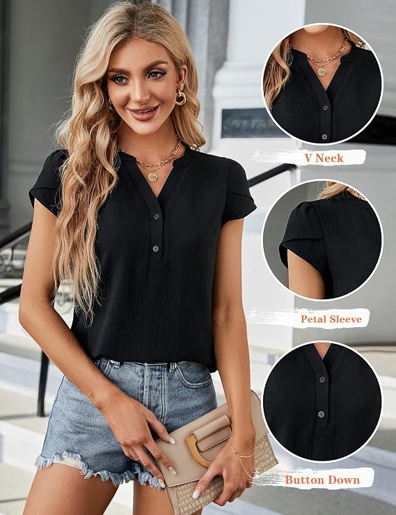 Women’s Dressy Casual Blouse Short Sleeve V Neck Button Front Top - Alternate View