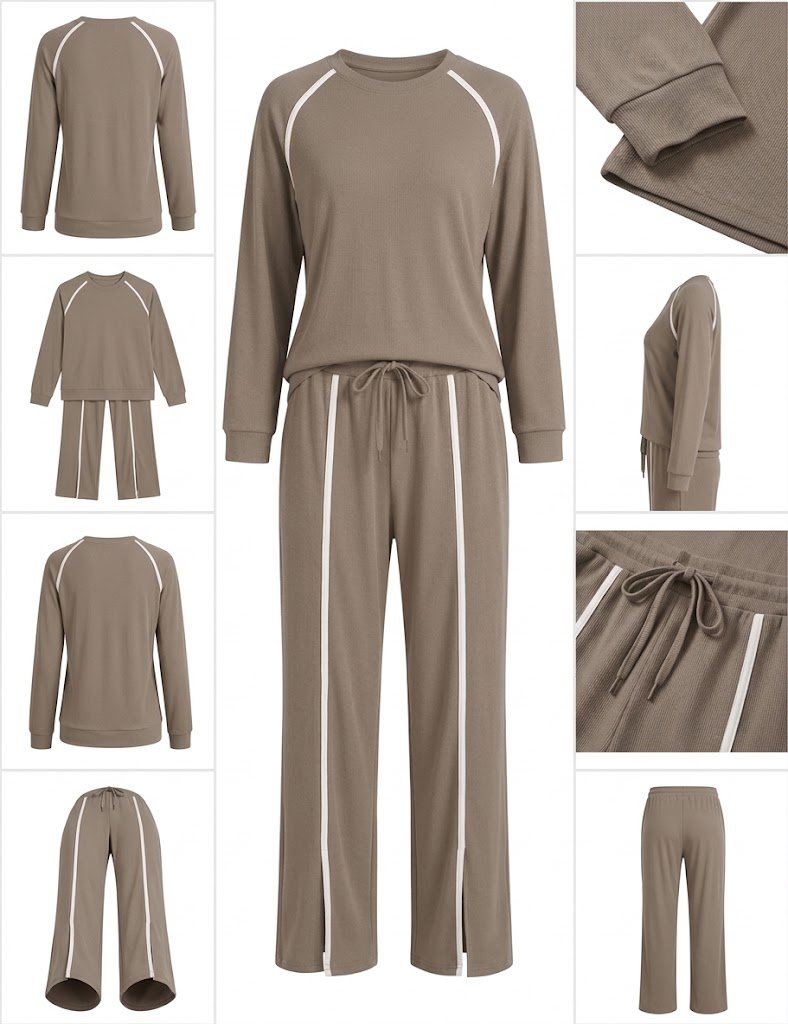 LOMON Women’s 2-Piece Lounge Set with Wide-Leg Split-Hem Pants - Alternate View