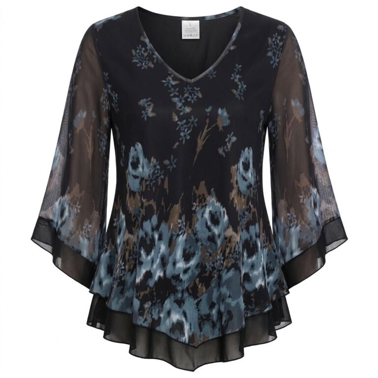 Women’s Dressy Mesh Blouse with Ruffle 3/4 Flared Sleeves