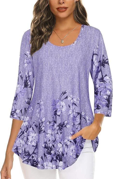 Women’s 3/4 Sleeve Tunic Top Flowy Loose Fit Floral Blouse - Alternate View