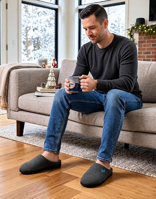 VeraCosy Men’s Two-Tone House Slippers Memory Foam Indoor Rubber Sole - Alternate