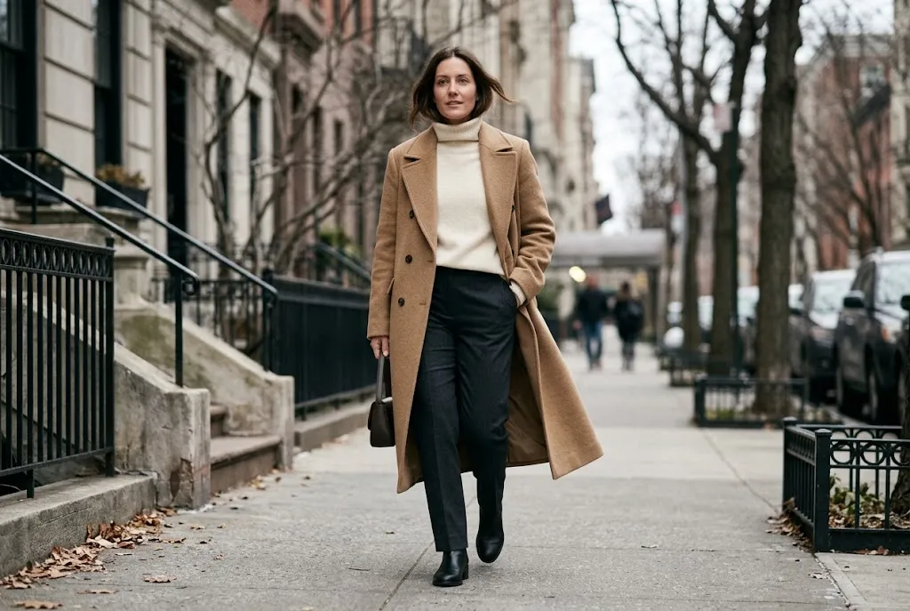 Woman wearing a camel wool-blend coat over a cream sweater in a city setting.