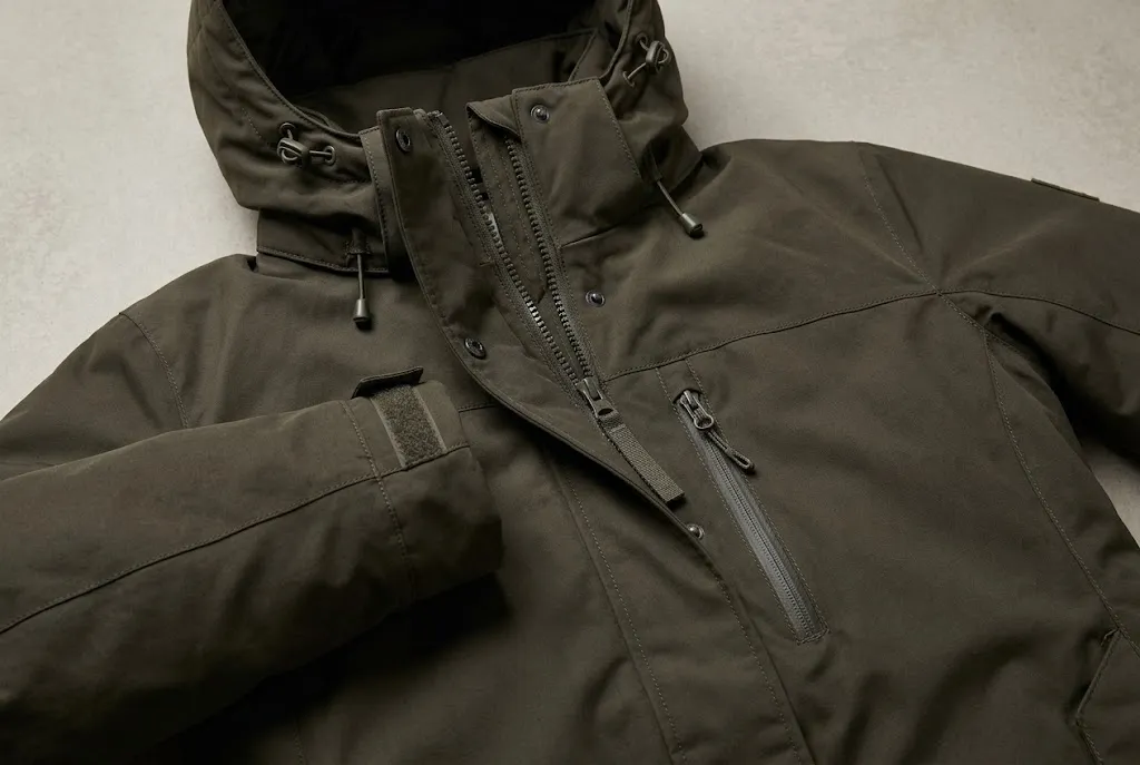 Close-up details of a winter jacket showing its hood, zipper, adjustable cuffs and pockets.