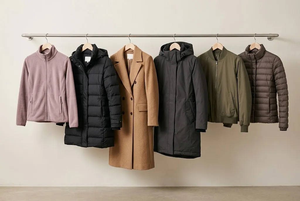 Different women's winter jacket styles for mild weather, everyday wear, office outfits and cold conditions.