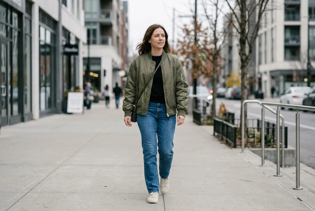 Woman wearing an olive-green bomber jacket with a black top and straight-leg jeans.