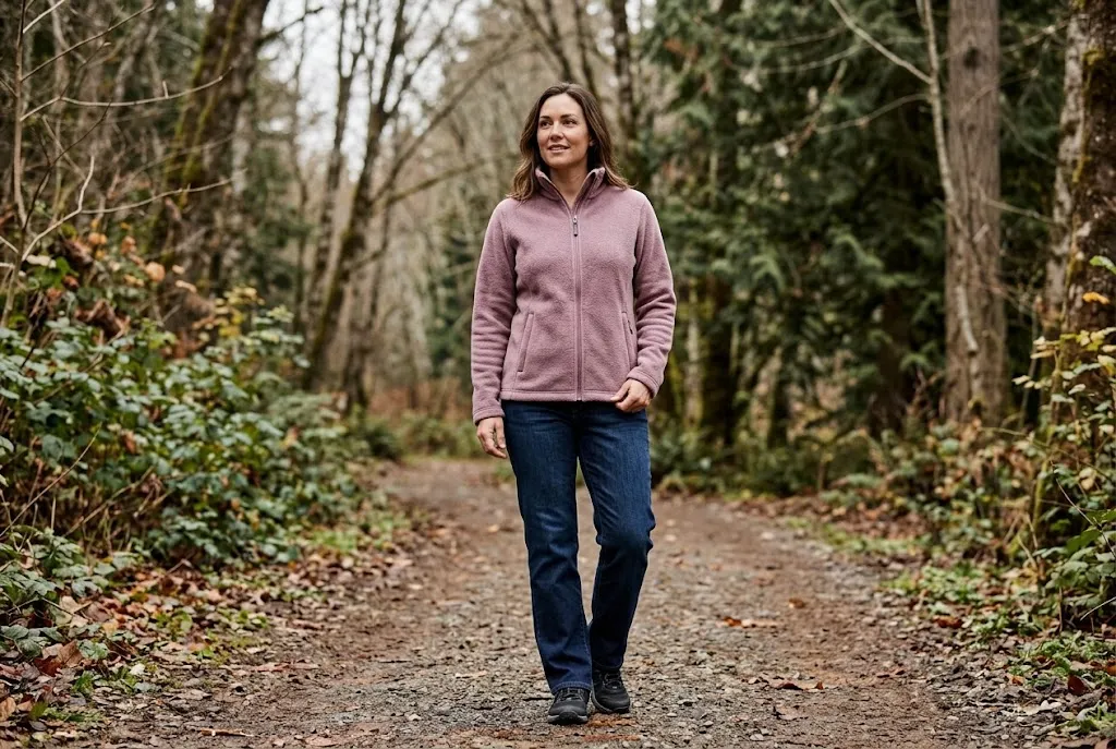 Woman wearing a mauve full-zip fleece jacket outdoors in cool weather.