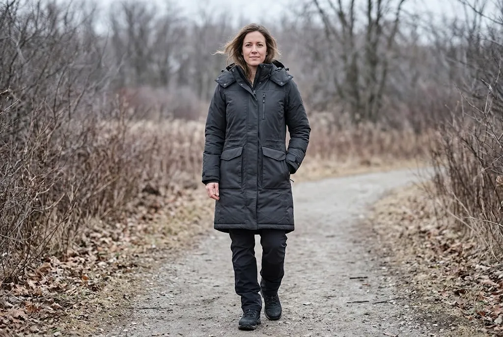 Woman wearing a long insulated parka with a protective hood in cold weather.
