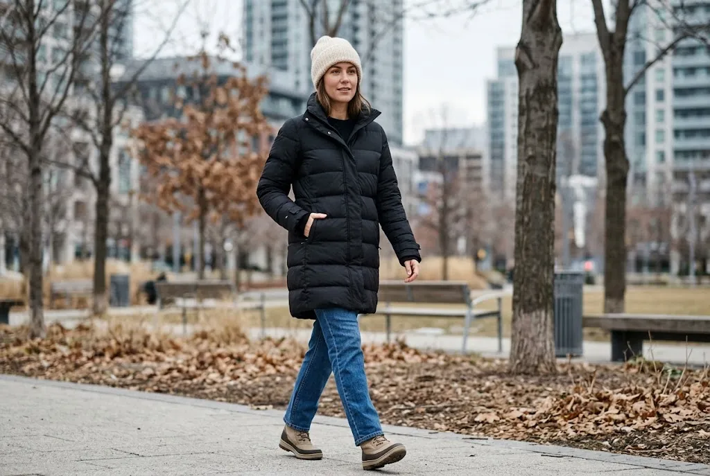 Woman wearing a black quilted puffer jacket with jeans in cool winter weather.
