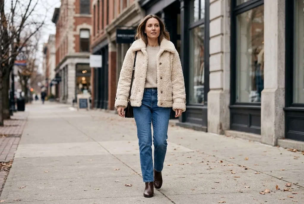 Woman wearing a cream faux-shearling jacket with jeans and ankle boots.