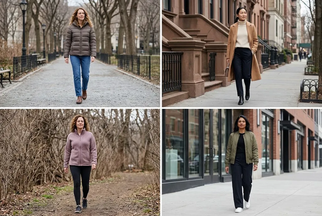 Women's winter outfit ideas featuring puffer jackets, wool coats, fleece jackets and bombers.